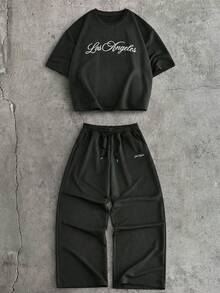 AXEPEAK 男士休闲字母印花T恤和裤子套装，夏季 - 灰色 - 查看 9