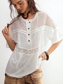Bohemela Women's Contrast Lace Batwing Short Sleeve Button Design Casual T-Shirt - White - View 4