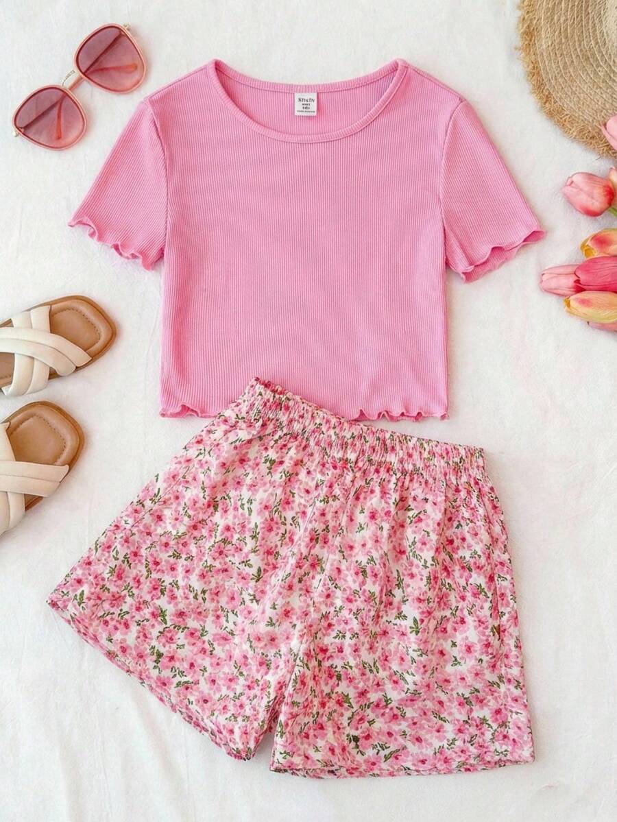 Tween Girls Ditsy Floral T-Shirt Shorts Co-Ord Set,Cute Pastel Pink Ribbed Knit Top & Patterned Shorts 2 Pc Summer Vacation Holiday Outfits For Girl - Pink - View 1