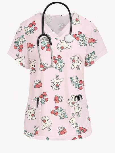 PopScrub Söt kanin- och jordgubbstecknad film med heltäckande tryck, ljusrosa sjuksköterskeuniform, V-ringad kortärmad skrubbtopp, sjuksköterskeuniform för kvinnor, kanindjurskostym