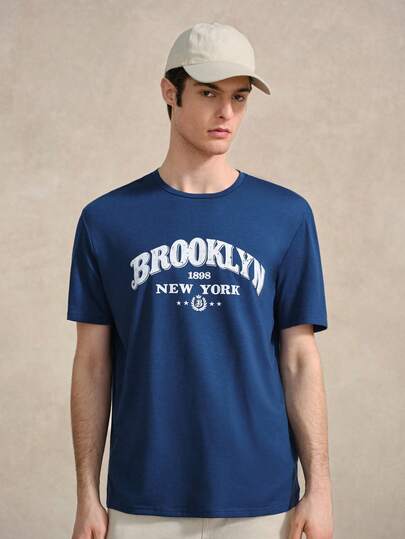 Courvante 男士海军蓝休闲字母图案圆领短袖T恤，夏季Tenniscore Preppy