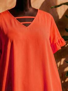 SHEIN CURVE+ 大码女式纯色短袖荷叶边A字宽松休闲连衣裙 - 橘色 - 查看 4