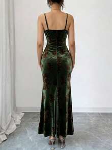 Rafferiza 女士褶皱花卉植绒无袖深V领连衣裙，适合正式场合、浪漫约会和日常穿着。 - 綠色 - 查看 3