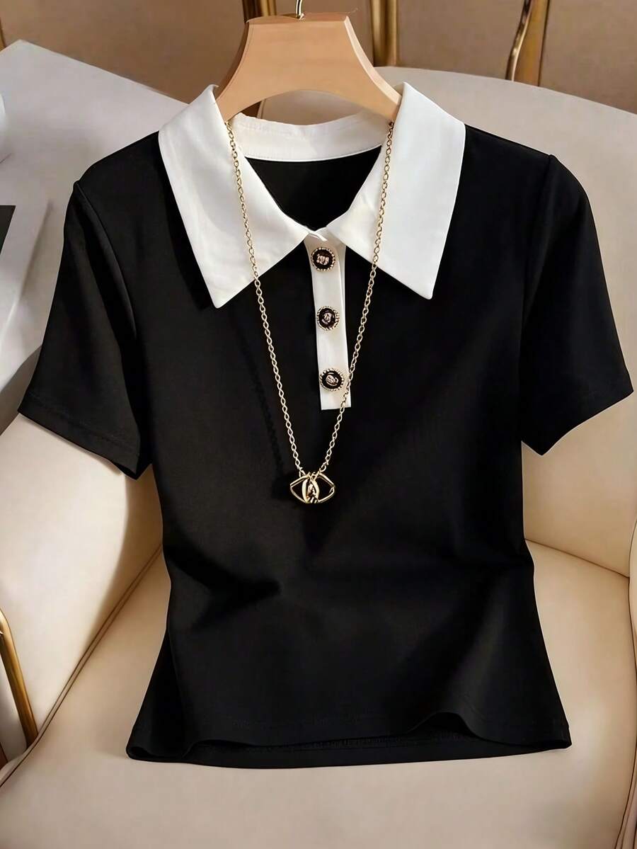 Franclia Áo thun nữ tay ngắn cổ polo phối màu tương phản, kiểu dáng thường ngày, đa năng. - trắng - Xem 1