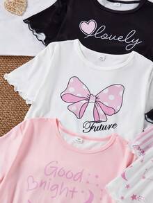 SHEIN 6pcs Girls Cute Cartoon Printed Pajama Set,Includes Tops And Bottoms,Pink And White Summer Cute Home Wear Sleep,Heart Bow Eyelash For Tween Girls - Multicolor - View 6