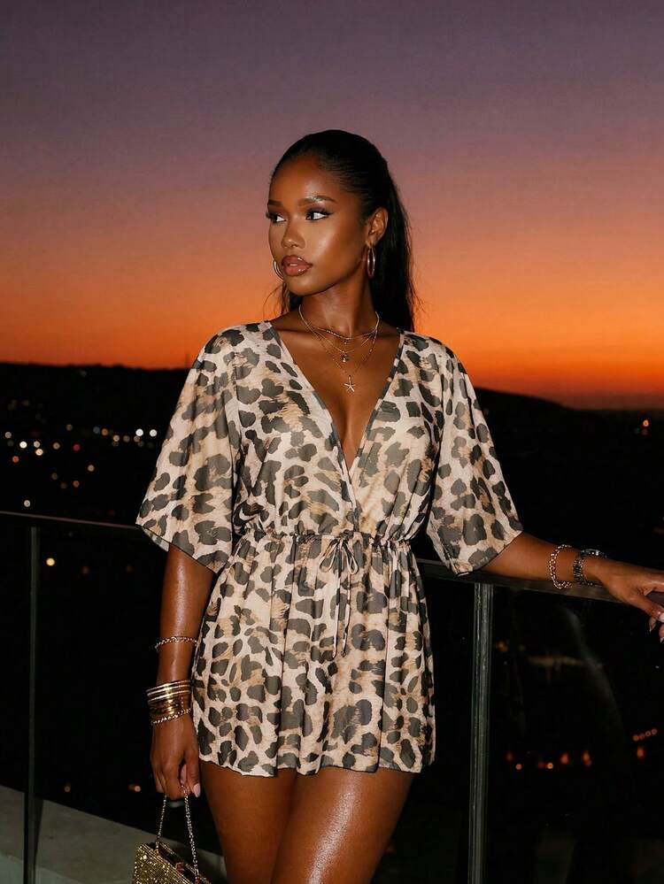 2025 Leopard Print Batwing Sleeve Drawstring Waist Beach Cover Up Summer