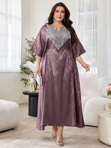 Al Najma Robe en satin jacquard de style arabe pour femmes grandes tailles, patchwork, décontractée et élégante pour le printemps/automne - Vieux Rose - Voir 1