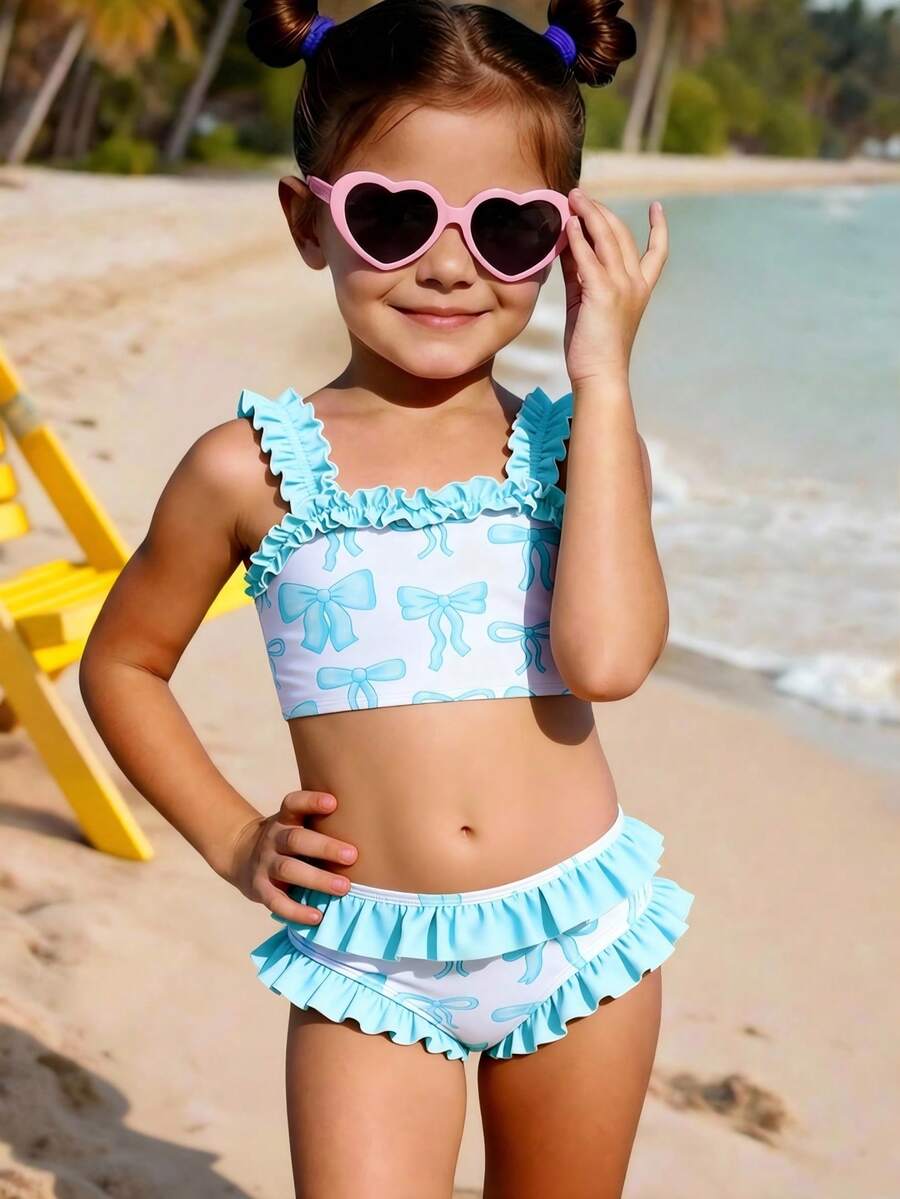 小女孩粉色蝴蝶结荷叶边泳衣套装，夏季海滩 - 藍色 - 查看 1