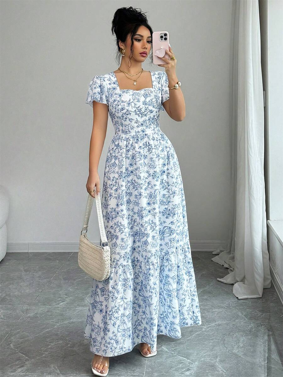 SHEIN Elenzya 女士甜心领A字碎花短袖娃娃裙 - 彩色 - 查看 1