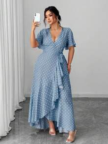 SHEIN Unity Vestido envolvente de lunares talla grande con cintura anudada, volantes en el bajo y abertura lateral - Azul - Ver 1