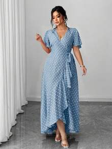 SHEIN Unity Vestido envolvente de lunares talla grande con cintura anudada, volantes en el bajo y abertura lateral - Azul - Ver 4