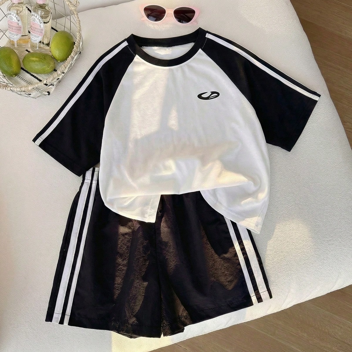 Piezas Conjunto de camiseta y pantalones cortos de verano para niñas preadolescentes, camiseta blanca estilo deportivo esponjoso con pantalones corto