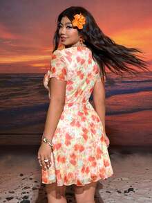 SHEIN EZwear Cherry Print Elastic Ruched Waist A-Line Plus Size Dress, Spring/Summer - Orange - View 2