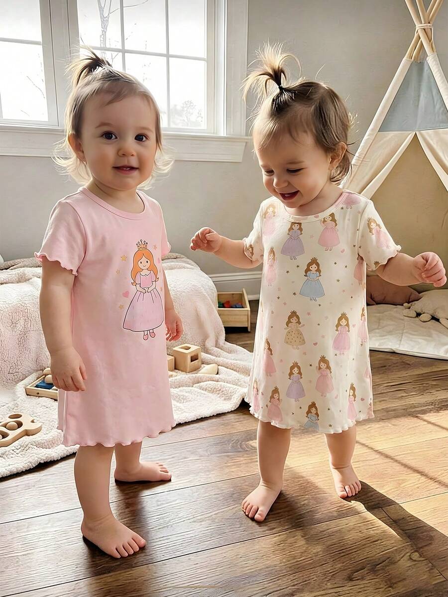 2pcs/Set Cute Little Fairy Pattern Baby Girls' Sleepwear, Ruffle Trim Nightgown - Multicolor - View 1