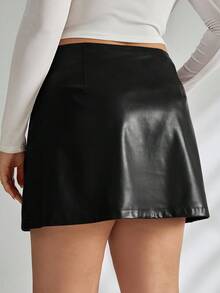 SHEIN Tall CURVE Váy ngắn cạp trễ cỡ lớn, váy da, váy mùa thu - màu đen - Xem 2