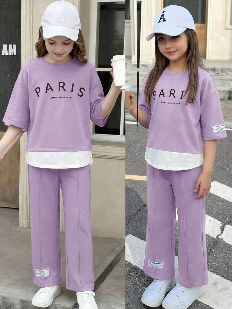 SHEIN Serisse Kids 少女紫色春夏针织圆领宽松拼接撞色英文印花布标七分袖宽松阔腿裤休闲简约学院风T恤套装,2件套 - 紫色 - 查看 1