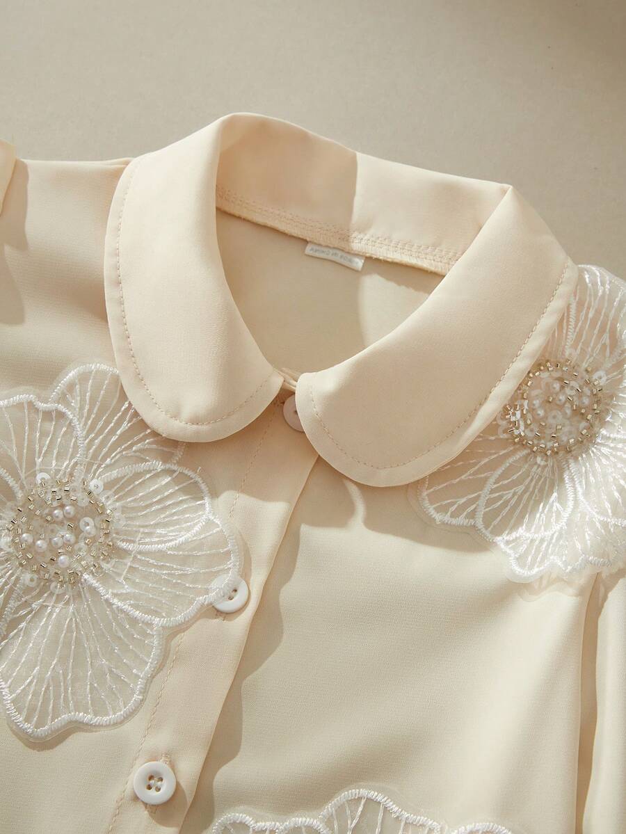 SHEIN 女童碎花袖单排扣休闲衬衫 - 米色 - 查看 1