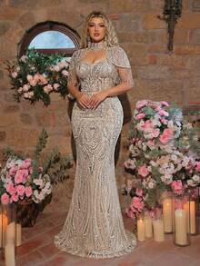 Glamrae 大码优雅奢华香槟色珠饰亮片美人鱼连衣裙，流苏袖设计，适合婚礼、派对、度假、晚宴、正式晚装（装饰繁复） - 香檳色 - 查看 9