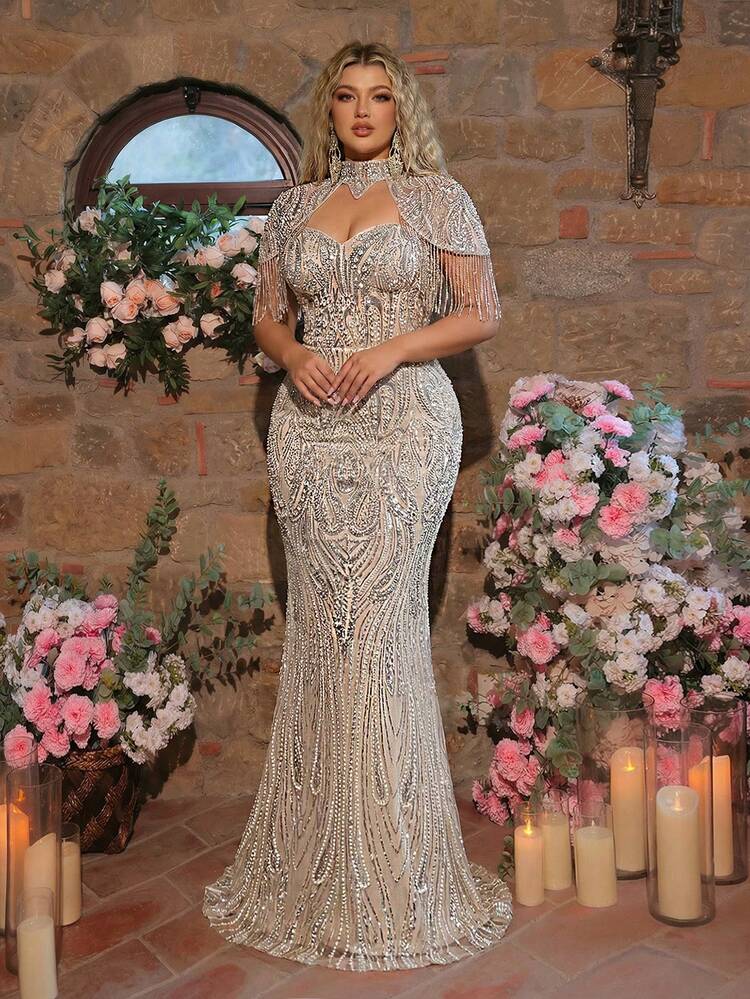 Glamrae Vestido de sirena elegante y lujoso de talla grande en color champán con cuentas y lentejuelas, con diseño de mangas con flecos, adecuado para bodas, fiestas, vacaciones, galas y eventos de etiqueta (con mucho bordado) - Champán - Añade 8