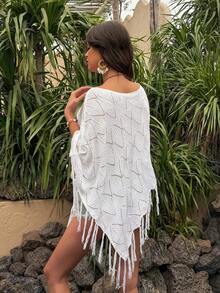 Selianne 女士休闲宽松度假风白色披肩斗篷毛衣，适合春夏季节、假日、音乐节等场合穿着 - 白色 - 查看 2