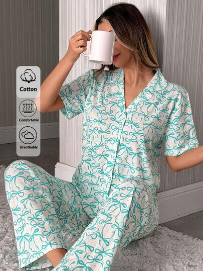 SHEIN Women %100 Cotton 2 Pcs White With Mint Bow Pattern Button Front Short Sleeved Shirt&Long Pants Homewear Comfort Casual Pajama Set