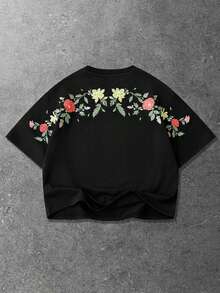 ROMWE MEN Men's Casual Floral Embroidery Pattern Loose T-Shirt - Black - View 7