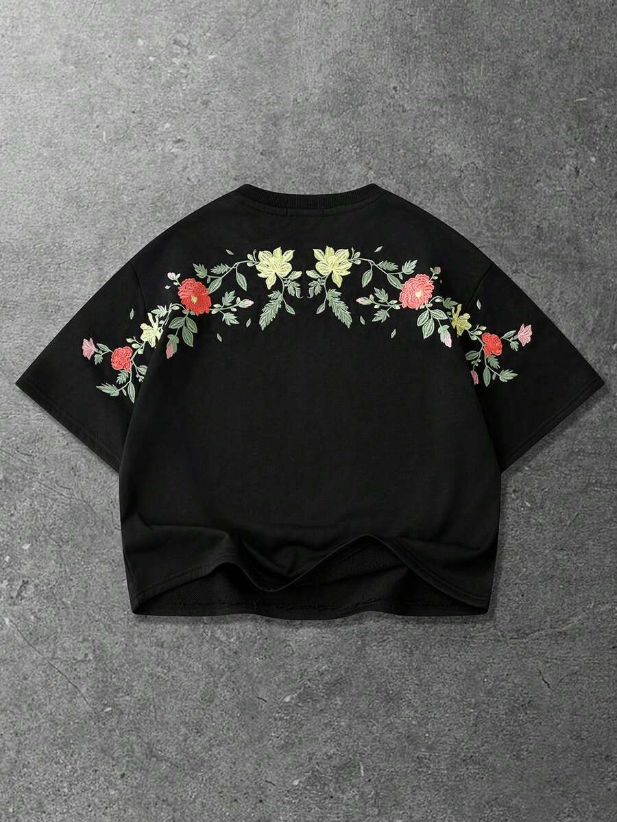 ROMWE MEN Men's Casual Floral Embroidery Pattern Loose T-Shirt - Black - View 1
