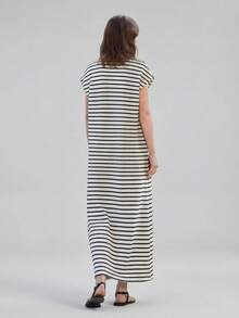 Ontre Women's Striped Sleeveless Knit Polo Neck Dress, Elegant Sleeveless Top, 2026 New Casual Airport Outfit, Summer Clothing, Business Casual Style, All-Match Versatile White Dress, High-Quality Airport & Cruise Wear, Suitable For All Seasons, Wedding & Holiday Striped Maxi Dress Striped Midi Dress Short Sleeve Maxi Dress Midi Length Dress Black And White Striped Dress Vacation Clothes - Multicolor - View 6