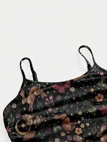 ROMWE Fairycore Plus Size Hippie Rabbit Cute Beach Sun Moon Star Plant Sexy Slip Dress, Suitable For Spring/Summer Vacation - Black - View 3