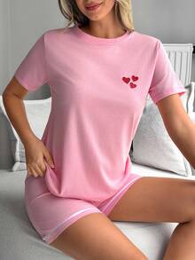 SHEIN 2 Stücke Baumwoll-Damen Schlafanzug Set mit niedlichem Herz-Muster, Kurzarm Oberteil + Shorts, bequem und gemütlich für Zuhause - Pink - Übersicht 4