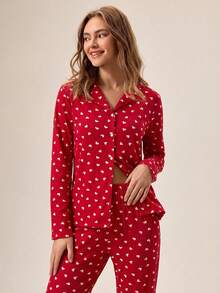 Women 2 Pcs Red Button Front With Heart Pattern Teddy Fabric Detail Long Sleeve Shirt &Long Pants Homewear Casual Comfort Pajama Set - Red - View 5