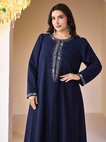 Veilorie 大码女式水钻装饰圆领优雅长袖长袍 - 藏蓝色 - 查看 3