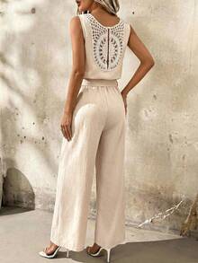 SHEIN Clasi 度假必备露背系带优雅连体裤 - 杏色 - 查看 8