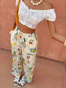 Selianne 女士休闲度假高腰系带阔腿印花裤，春夏款 - 彩色 - 查看 1