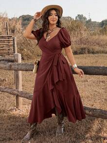 Ceyna Plus Size Women Elegant Tie-Wrap Ruffle Hem Dress Wrap Around Dresses For Ladies Wrap Dress Wedding Guest Womens Dresses Best Selling Dresses Occasion Dresses For Ladies Evening Dresses Western Formal Wedding Guest Dress Rustic Color Dress For Women Wedding - Red - View 5