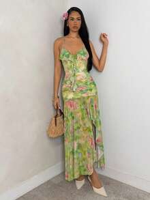 SHEIN Glamour Women's Green Floral Summer Tropical Slip Dress,Watercolor Ruched Spaghetti Strap Scoop Neck Ruffle Trim Vacation Holiday Brunch Long Dress - Multicolor - View 4