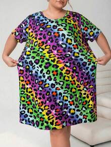 SHEIN CURVE+ 大码夏季休闲渐变豹纹圆领短袖连衣裙 - 彩色 - 查看 4