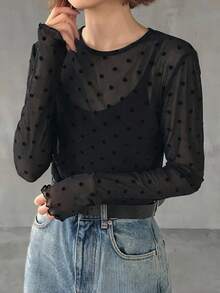 FRIFUL 女士波点印花网纱长袖休闲衬衫 - 黑色 - 查看 5
