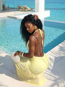 Slaydiva New Early Spring, Spring And Summer Music Festival, Valentine's Day, Easter, Bohemian Style, Nomadic Style, Casual, Simple And Basic, Cruise Party, Birthday Party, Daily Date, Casual Vacation, Elegant Commuting, Round Neck, Halter, Tie, Large Backless, Pleated Design, A Skirt, Light Yellow Dress, Slim Dress, Long Dress, Net Fabric, Long Dress For Women -B - Light Yellow - View 3