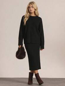 RueChic Drop Shoulder Rolled Cuff Tee And Skirt Set - Black - View 5