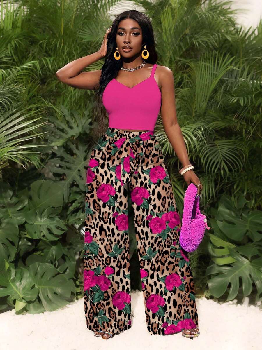 Slaydiva Spring/Summer New Tank Top And Classic High Waist Wide Leg Palazzo Casual Pants With Tie Belt 2piece Set/Vacation/Travel/Music Festival/Western Style/Nomadic Style/Cruise Travel/Beach/Sunbathing/Fashion Influencer Style/Tropical Graphic Print