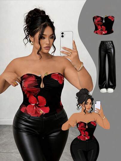 Elenzga Plus Size Metal Buckle Decor Printed Camisole Elegant Fashion Vest