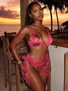 Vaytide Summer Beach Marble Print Ribbed Bikini Set Underwire Cami Bra & Cheeky Bottom & Beach Skirt 3 Piece Bathing Suit - Multicolor - View 1