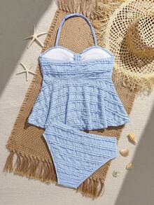 SHEIN 少女坦克比基尼泳衣，纯色可爱提花面料，挂脖荷叶边设计，两件套泳衣，欧美时尚精致休闲优雅女士款，适合游泳、海滩、度假、夏季穿着。浅蓝色少女泳衣，夏季泳装，青少年泳装，连体沙滩装，女士夏季服装，夏季泳装，女士夏季套装，女士夏季沙滩泳装，春夏精选。 - 淺藍色 - 查看 2