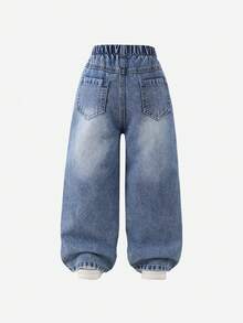 SHEIN Elladie kids 女童牛仔裤，新款休闲时尚复古中蓝色水洗牛仔裤，松紧腰带，粉色爱心刺绣，宽松直筒裤型，面料柔软舒适，百搭街头风。 - 中等水洗藍 - 查看 3