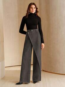 Anewsta Essential New Asymmetrical Design Women's Black Jeans - Grey - View 7
