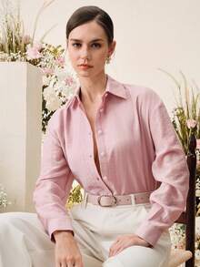 Anewsta Blusa elegante de vacaciones con bordado de mariposa beige para mujer, primavera/verano - Rosa vieja - Ver 4