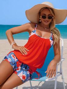 Swim Lushoire Bộ đồ bơi nữ 2 món in họa tiết cây nhiệt đới, rộng rãi và thoải mái, áo tankini và quần bơi che phủ vừa phải vùng bụng, thời trang, thanh lịch, phù hợp cho kỳ nghỉ biển, tiệc bể bơi và mọi mùa. - trái cam - Xem 5