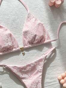 Swim Mod Women's Pink Lace Pattern Thongs Bikini Set With Halter Neckline And Tie Back Details - Pink - View 6