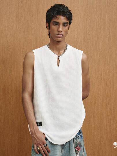 TOKVUE 男士纯色平纹缺口领字母拼接夏季无袖休闲背心，适合健身